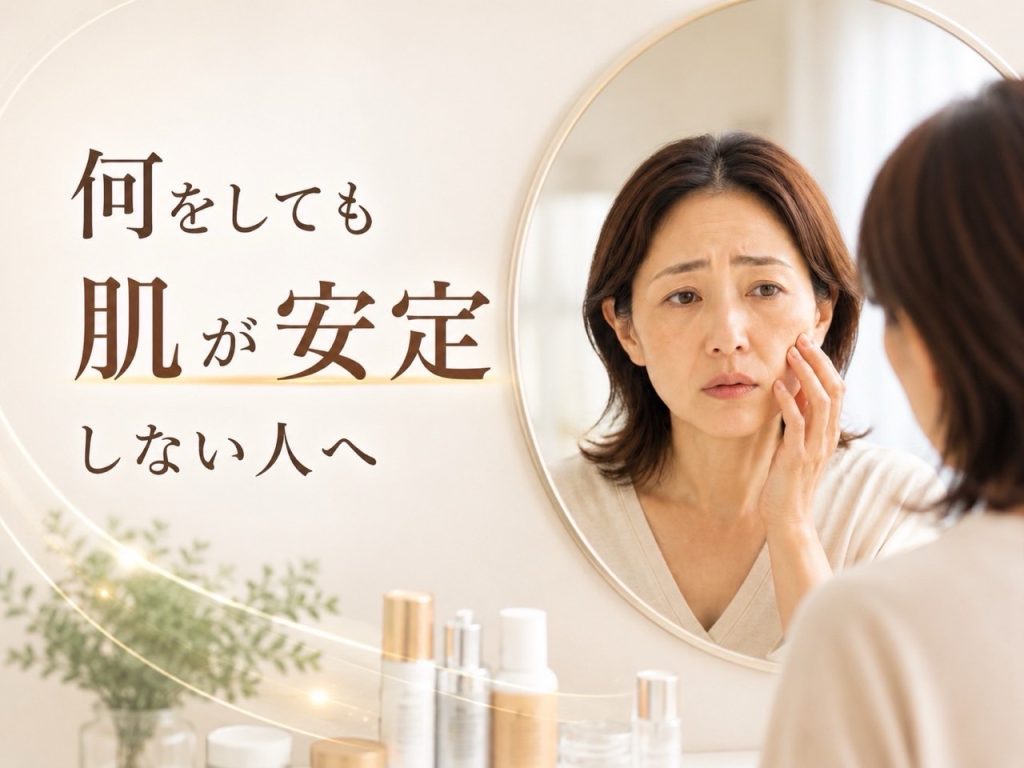 鏡を見ながら肌の調子を気にする女性。何をしても肌が安定しない悩みをイメージした写真