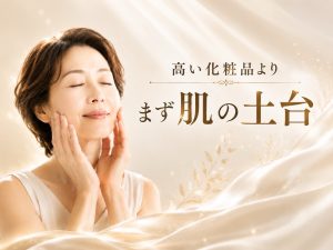 肌に手を添えながら目を閉じる女性。高い化粧品よりも肌の土台づくりの大切さを表現したイメージ画像