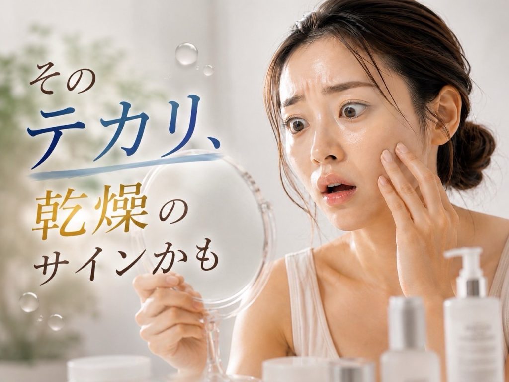 鏡を見ながら顔のテカリを気にする女性。乾燥によるインナードライ肌をイメージした写真